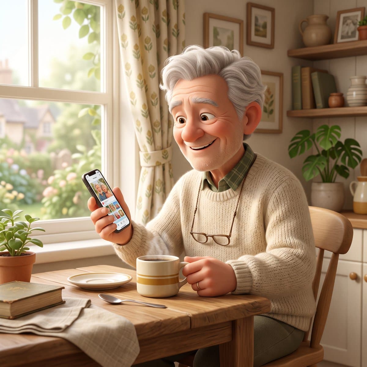 Someone reading a birthday message on their phone in the morning
